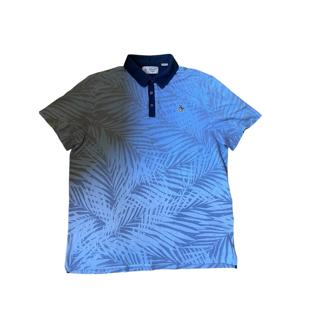 Penguin Polo Shirt Mens XXL Gray Blue Palm Print Short‎ Sleeve